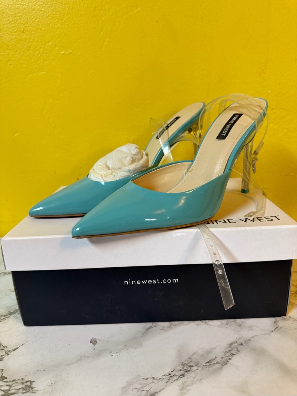Nine West Teal Pointed Toe Clear Slingback Heels